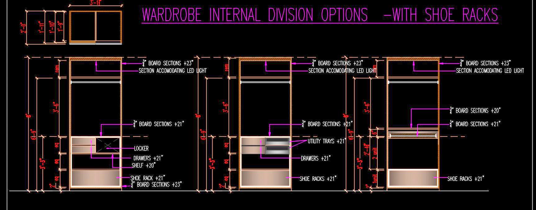 Wardrobe Design in Autocad- Plan and Elevation Views